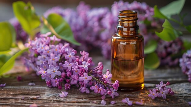 Foto Ätherische ölflasche mit violetten lilablumen auf einem alten holzgrund