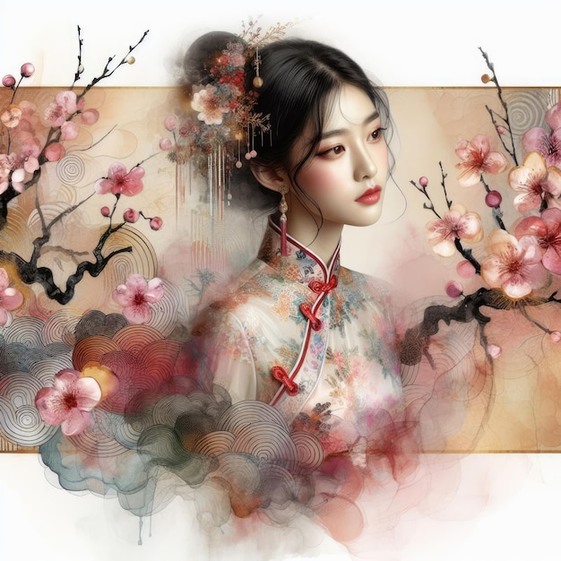 Ätherische Schönheit inmitten von blühenden Pflaumenbosen mit chinesischem Cheongsam-Mädchen mit generativer KI