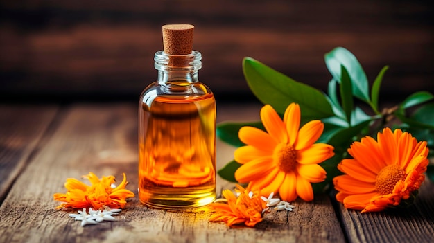 Ätherisches Calendula-Öl in einer Flasche Generative AI Spa