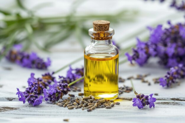 Foto Ätherisches lavendelöl und blumen auf rustikalem tisch