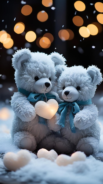 Afecto invernal resplandeciente Dos osos de peluche blancos con corazones blancos en esplendor animado