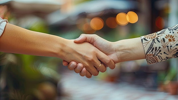 Foto un afectuoso apretón de manos entre dos personas en un entorno casual