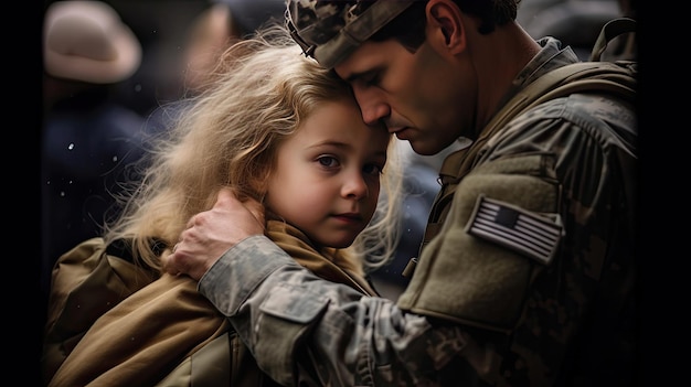 Afetuoso reencontro militar entre pai e filha Pai abraçando filho IA generativa