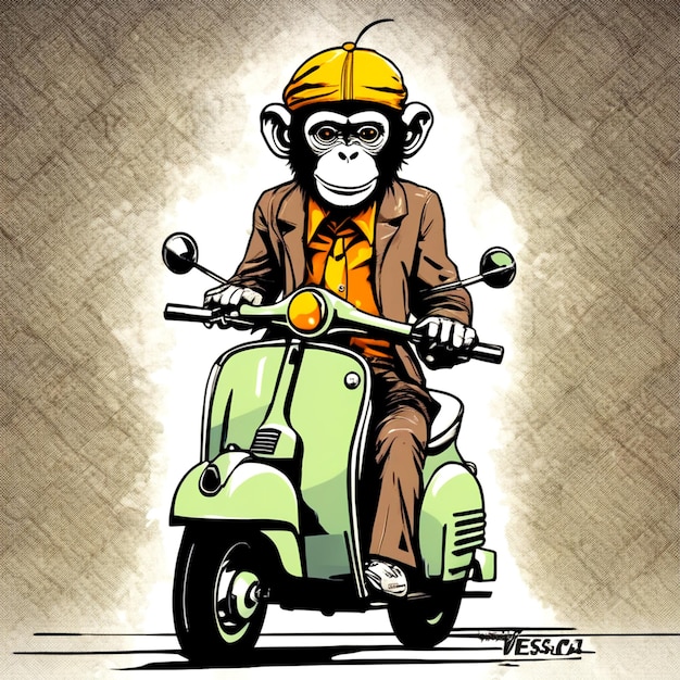 Affe auf einer alten Vespa Lustig Fröhlich im Comic-Stil