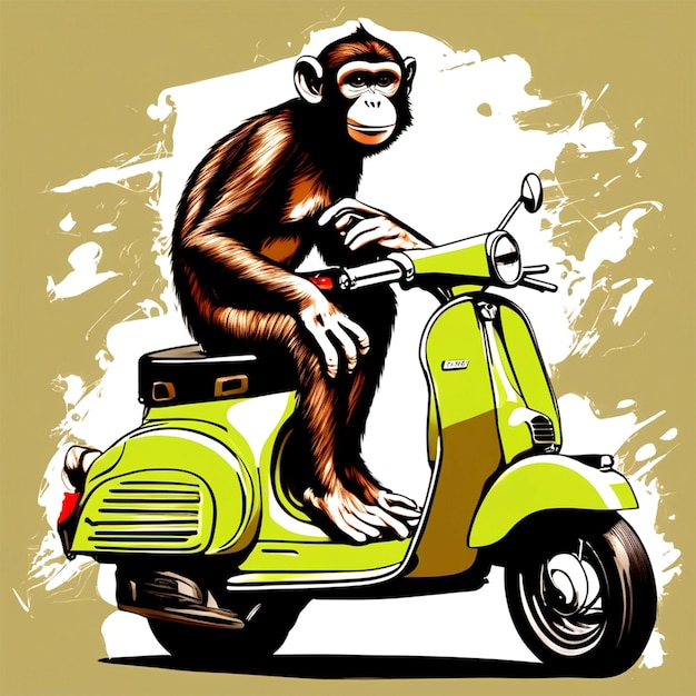 Affe auf einer alten Vespa Lustig Fröhlich im Comic-Stil