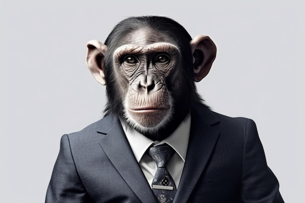 Affe in Anzug und Krawatte auf isoliertem Hintergrund. Studiofoto-Geschäftskonzept generative KI
