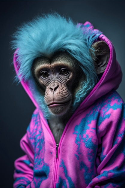 Affe mit blauen Haaren, der eine rosa Jacke trägt