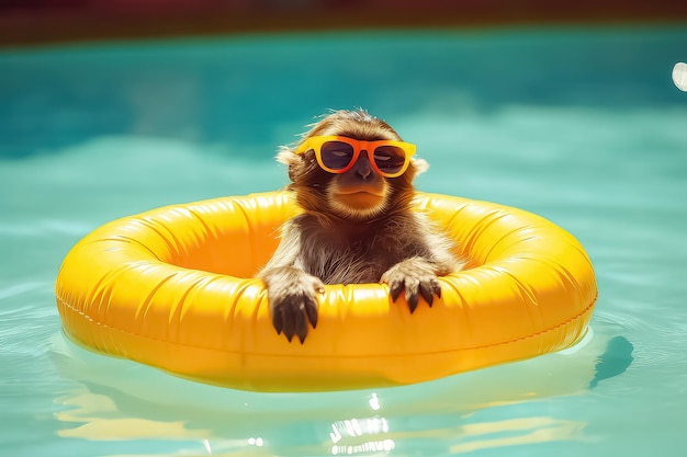 Affe mit Sonnenbrille ruht im Pool