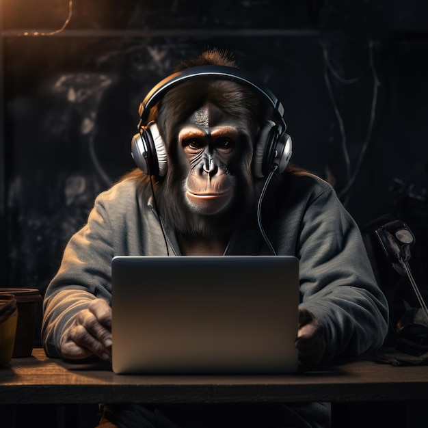 Affe oder Gorilla mit Laptop und Musik mit Kopfhörern