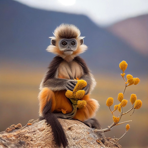 Affe sitzt auf einem Felsen und hält ein generatives Stofftier