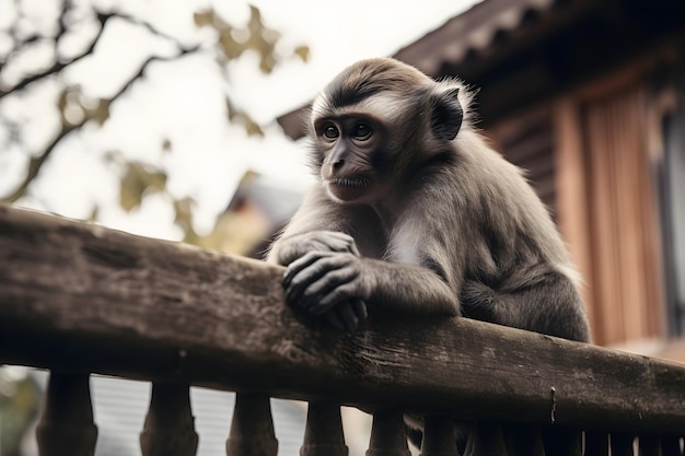 Affe sitzt auf einem Holzgeländer