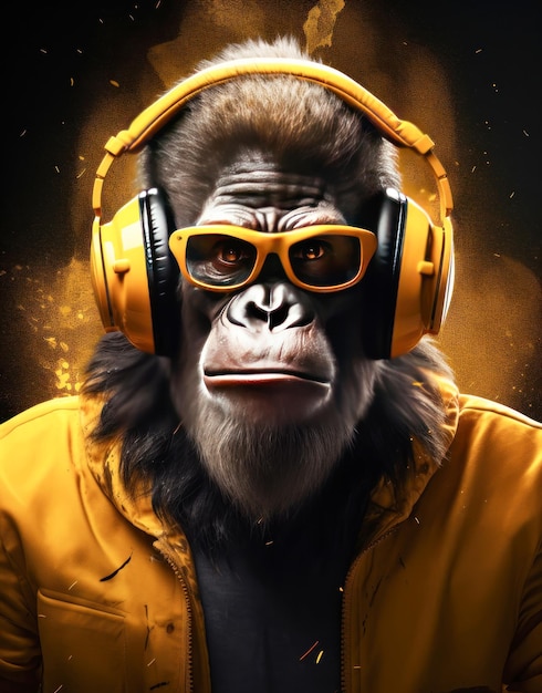 Foto affen oder gorilla hören musik mit kopfhörern