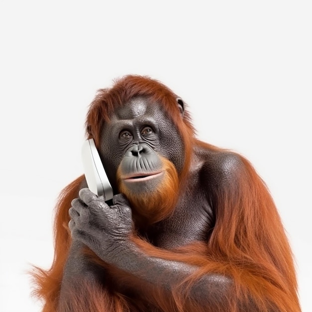 Affen-Orang-Utan spricht auf einem Mobiltelefon, Nahaufnahme, isoliert auf weißen, lustigen Illustrationen
