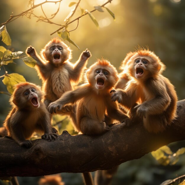 Affen schwingen von Baum zu Baum ihre pelzigen Körper und langen Schwänze schaffen eine lebhafte Szene