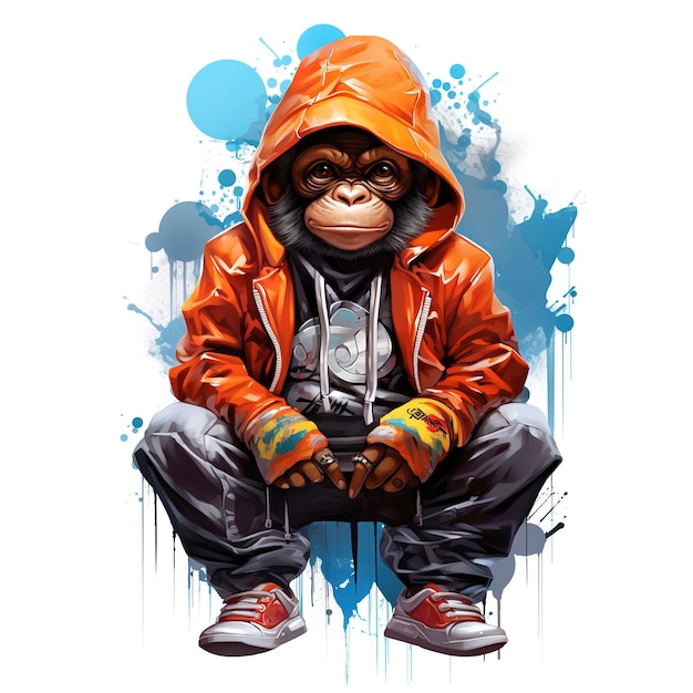 Affen trägt Jacke ein cooler Hip-Hop auf einem sauberen Hintergrund Png für Sublimation Druck T-Shirt Design Clipart DTF DTG Druck Wildtiere Illustration Generative AIx9