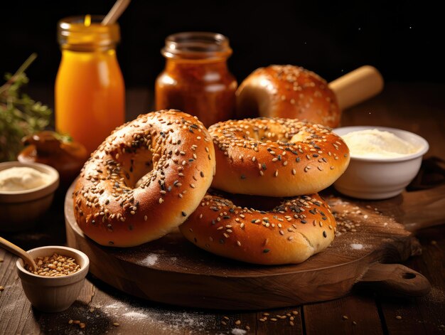 Affenfrüchte Bagel Isolierte eine Runde Brot Brötchen Affenfrüschen Weizen Bäckerei zum Frühstück