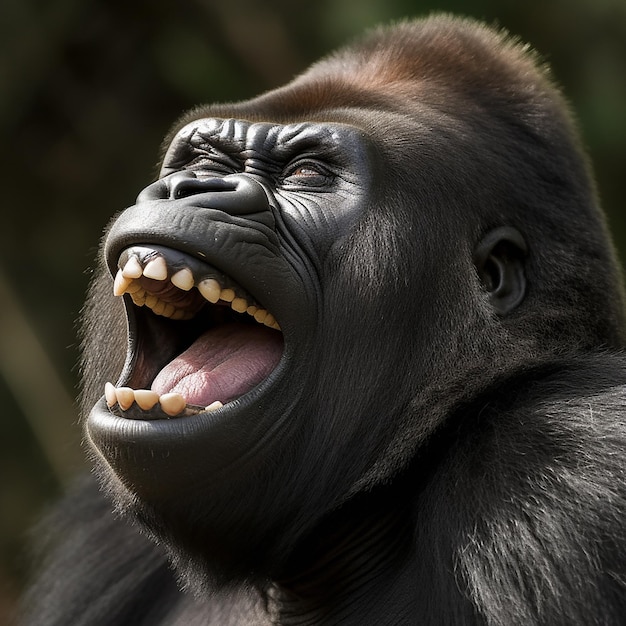 Affengorilla lacht, lächelt, freut sich, Nahaufnahmeporträt, lustiges Foto mit Tierhaustieren