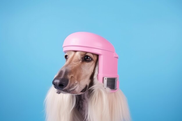 Afghanischer Windhund sitzt mit rosa Helm, blauem Hintergrund und freiem Platz