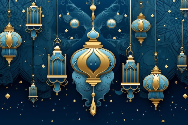 Afiche azul y dorado de Eid y Ramadán con una mezquita AI generativa