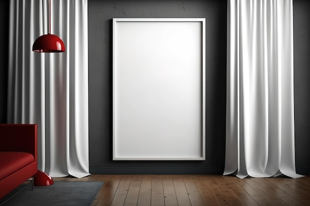 Afiche blanco en blanco sobre una pared oscura en una sala de estar moderna con piso de madera y cortina roja