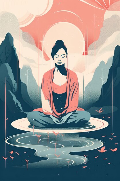 Afiche de una clase de yoga con una mujer meditando en el agua.