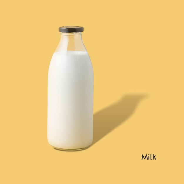 Afiche creativo con una botella de leche vegana sobre un fondo amarillo con sombra Vista frontal y espacio para copiar