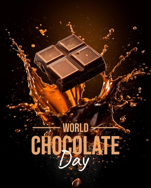 Afiche del día mundial del chocolate con un chorrito de líquido.