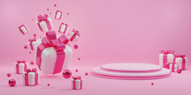 Afiche del día de San Valentín o plantilla de pancarta con caja de regalo linda 3D y escena de podio de producto en blanco