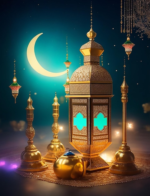 Afiche de Eid con una foto de una hermosa decoración de farol y un hermoso fondo