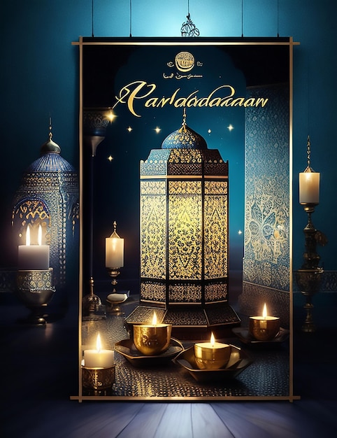 Afiche de Eid con una foto de una hermosa decoración de farol y un hermoso fondo