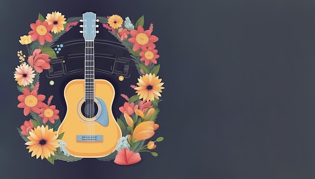 Afiche del festival de música country con guitarra acústica y flores silvestres.