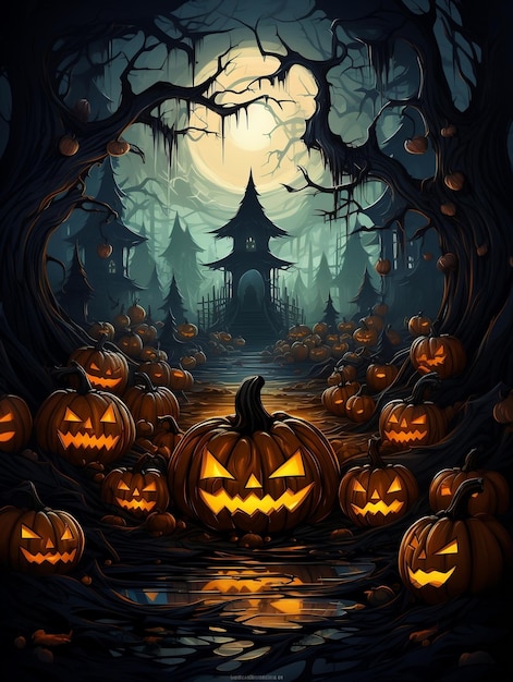 Afiche de Halloween dentro de una antigua casa mística por la noche con una espeluznante calabaza jack o'lantern contra un