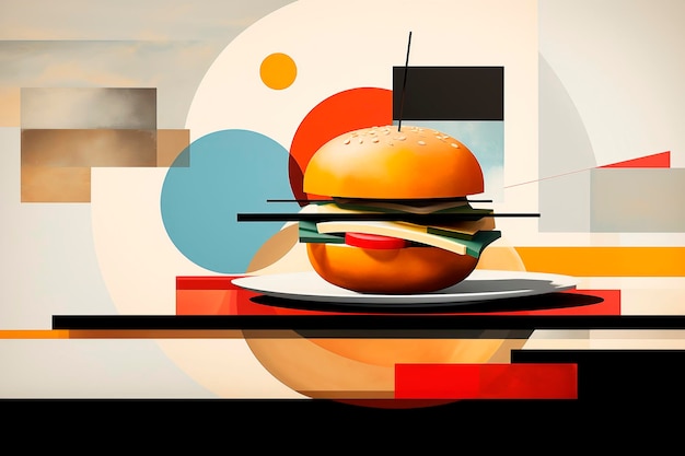 Afiche de hamburguesa abstracto con elementos de diseño en estilo geométrico simple.