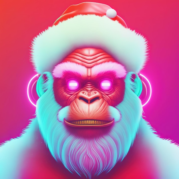 Afiche navideño de neón con Gorilla Santa Claus IA generativa No basado en ninguna escena real