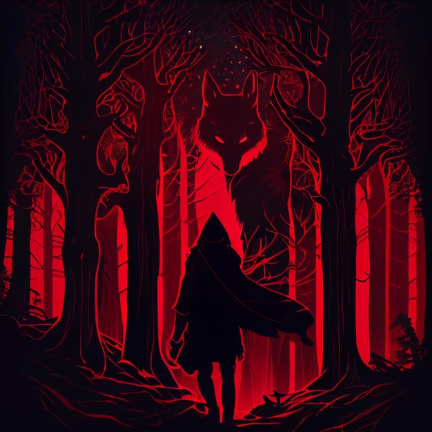 Un afiche oscuro con un lobo y un hombre con una capucha roja caminando por el bosque.