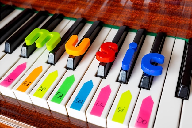 Foto afiche con la palabra música letras y notas musicales en el primer plano del piano