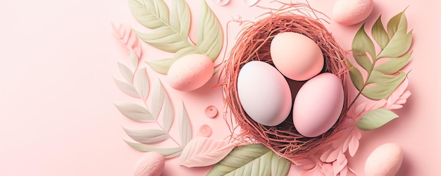 Afiche de Pascua y plantilla de pancarta con huevos de Pascua en el nido sobre fondo rosa claro con una copia del lugar para el texto