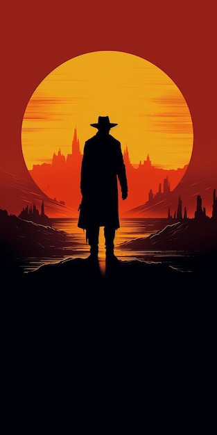 Afiche de película clásica del oeste retro con una silueta de sheriff forajido sosteniendo un arma al atardecer