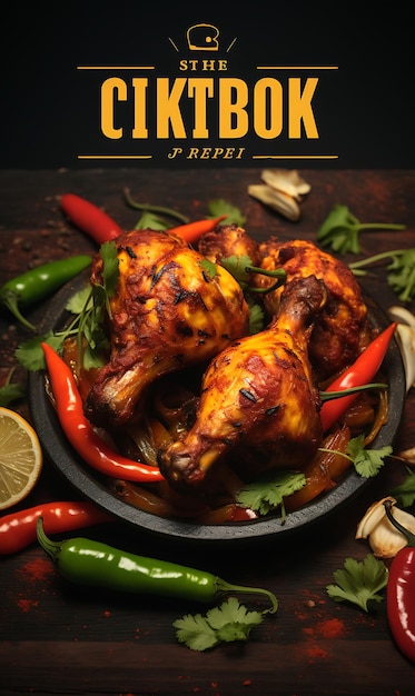 Afiche del plato de pollo Tikka con horno tandoor y elegantes celebraciones indias a la parrilla Cocina de estilo de vida