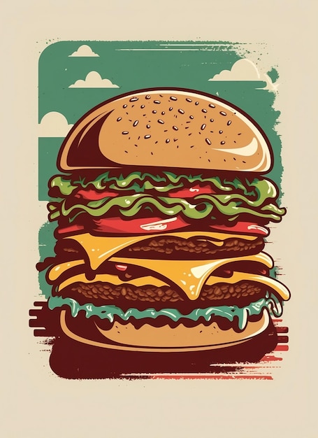 Afiche retro vintage de los años 50 y 60, comida rápida, hamburguesa, hamburguesa con queso, entrega, ilustración de afiche grunge