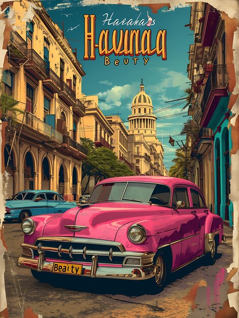 Foto afiche con texto y eslogan de la habana belleza atemporal con vistas al diseño de ilustración de vintag