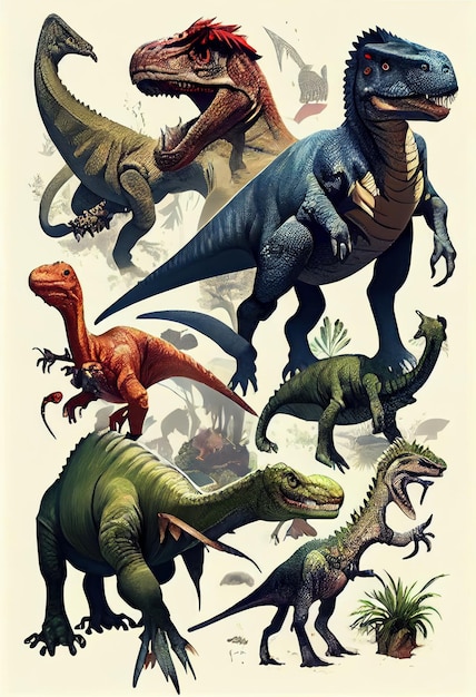 Afiche con varios tipos de dinosaurios en un set