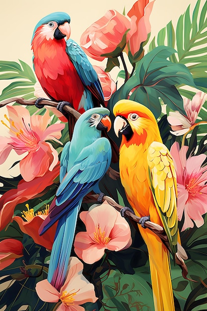 Afiches coloridos Aves tropicales Bosque lluvioso Vida aviar Colores brillantes de plumaje Ideas conceptuales creativas