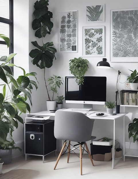 Foto afiches estampados sobre el escritorio con monitor de computadora en el interior gris de la oficina en casa con plantas