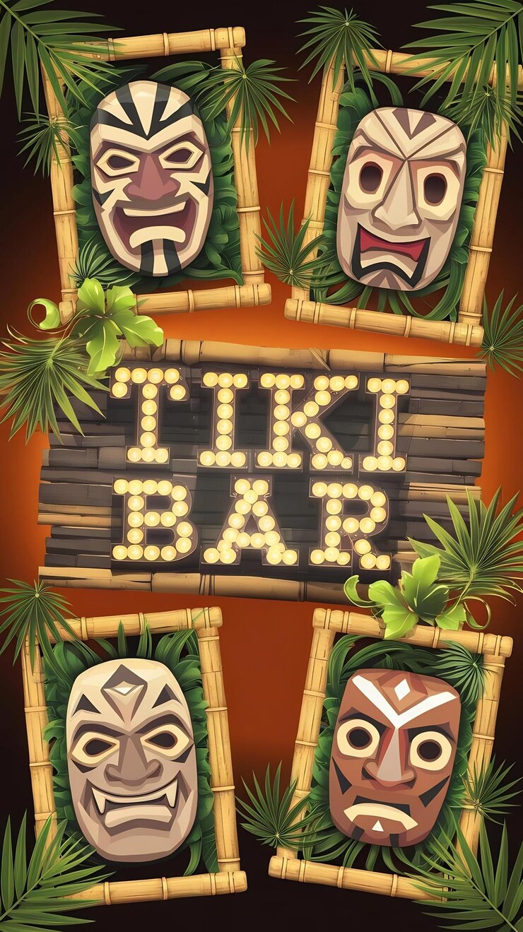 Foto afiches publicitarios de dibujos animados con máscaras tribales envueltas en marcos de bambú y hojas de palma para un letrero de tiki bar