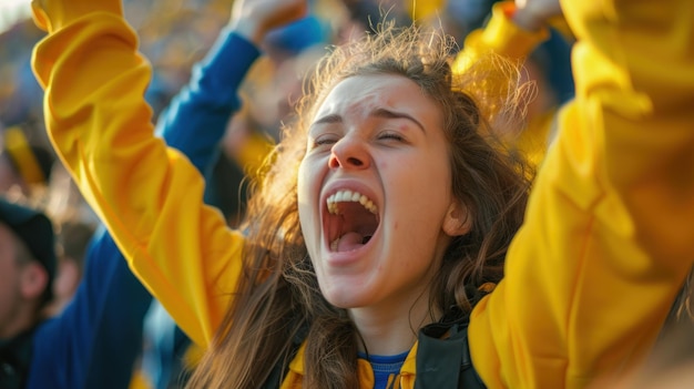 Una aficionada gritando intensamente y expresando su emoción en un partido de fútbol