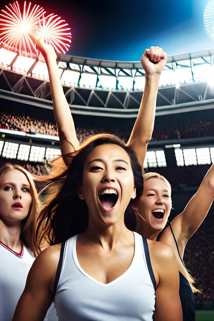 Aficionadas al fútbol femenino en el estadio celebrando la victoria disfrutando después de un campeonato de fútbol