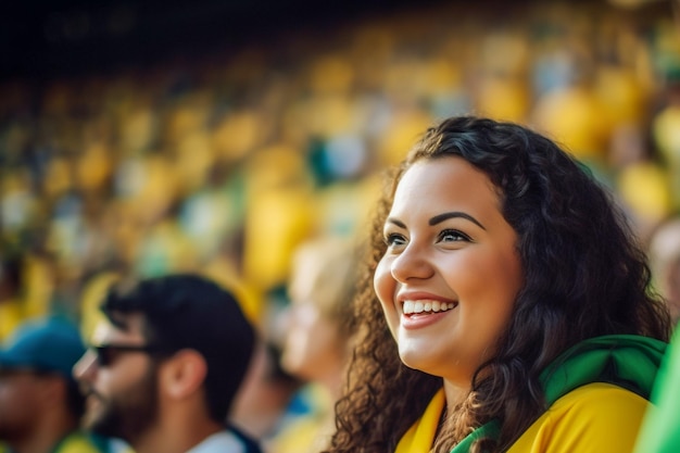 Aficionadas brasileñas al fútbol en un estadio de la Copa del Mundo apoyando al equipo nacional