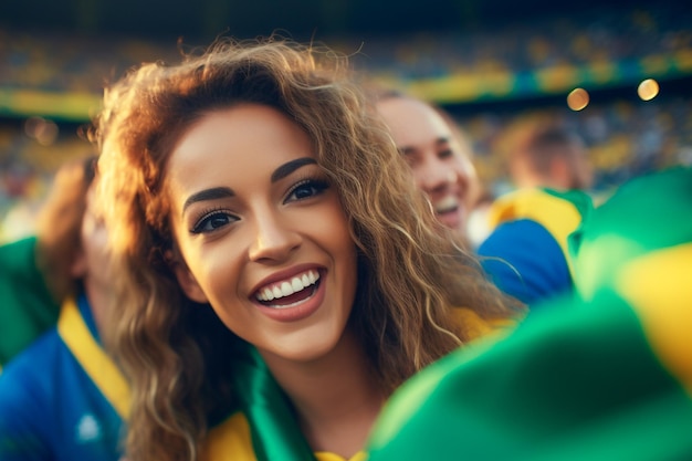 Aficionadas brasileñas al fútbol en un estadio de la Copa del Mundo apoyando al equipo nacional