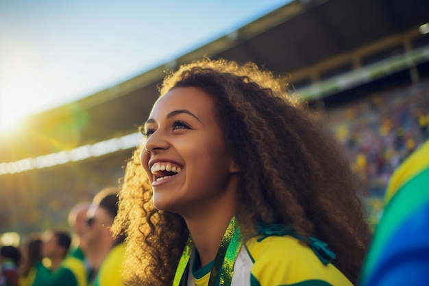 Aficionadas brasileñas al fútbol en un estadio de la Copa del Mundo apoyando al equipo nacional